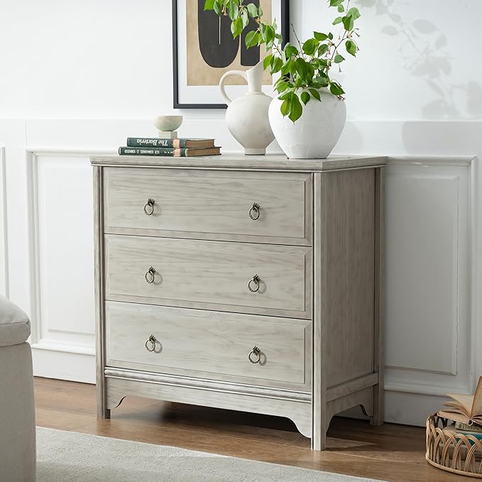 Chogori Solid Wood Dresser for Bedroom- Natural Wood Veneers & Water Based Paint Finished- Vintage Chests of Drawers, Small 3 Drawer Dresser (1, Antique Gray)