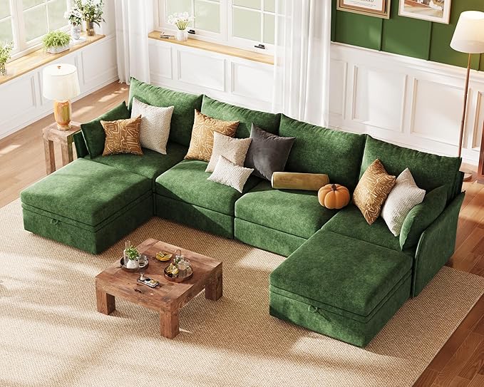 ABCASA 134.6" Oversized Modular Sectional Sofa, 6 Seater U Shaped Couch with Storage Ottoman with Reversible Chaise Deep Seat for Living Room, Apartment - Chenille Green