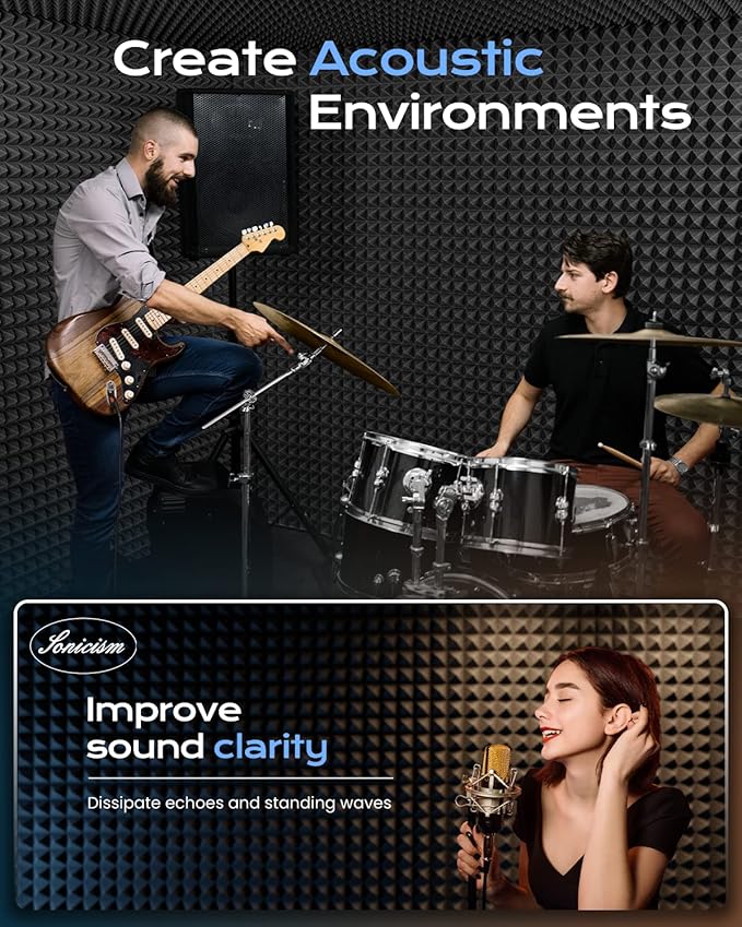 Sonicism Sound Proof Foam Panels for walls Self-Adhesive 16 Pack Pyramid 12" X 12" X 2" Acoustic Panels 35kg/m³High Density,Soundproof Wall Panels Fast Expand,Sound Absorption and Decoration,Black