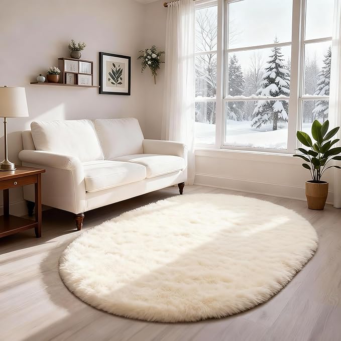 Ophanie 4x6 Oval Ivory Rugs for Bedroom Living Room, Fluffy Fuzzy Furry Carpet, Plush Soft Shaggy Bedside Indoor Floor Area Rug for Kids Girls Boys Baby Teen Dorm Nursery Home Decor Aesthetic