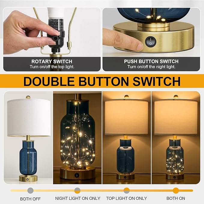 Oneach 22" Glass Table Lamps Set of 2, Blue Modern Bedside Lamp with LED Night Light for Living Room, Nightstand Lamp with USB Ports for Bedrooms, Study Room, End Table(2 Bulbs Included)