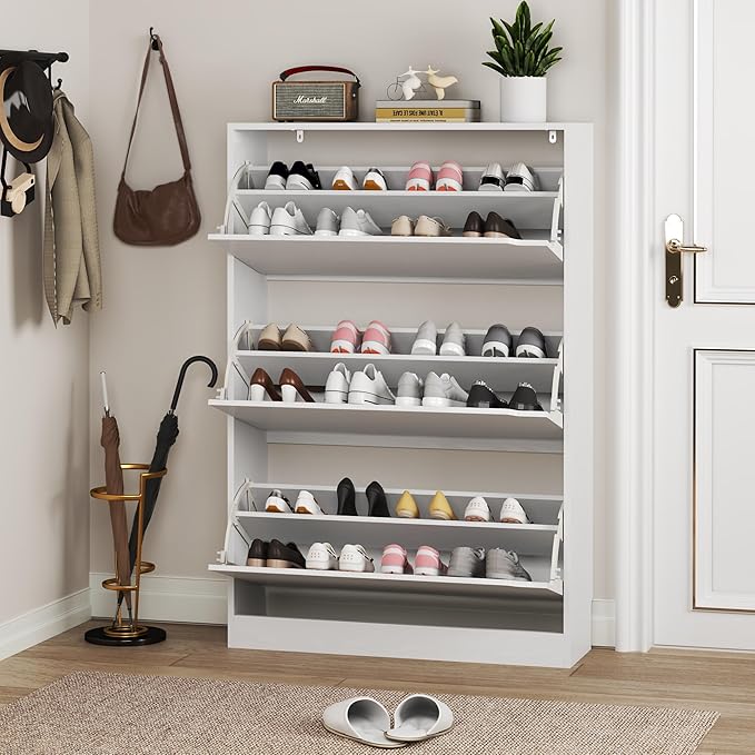 Shoe Cabinet with 3 Flip Drawers, Hidden Wood Shoe Cabinet,Freestanding Shoe Storage Cabinet for Entryway Hallway.White. 47.2" H*31.5" W*9.45" D.