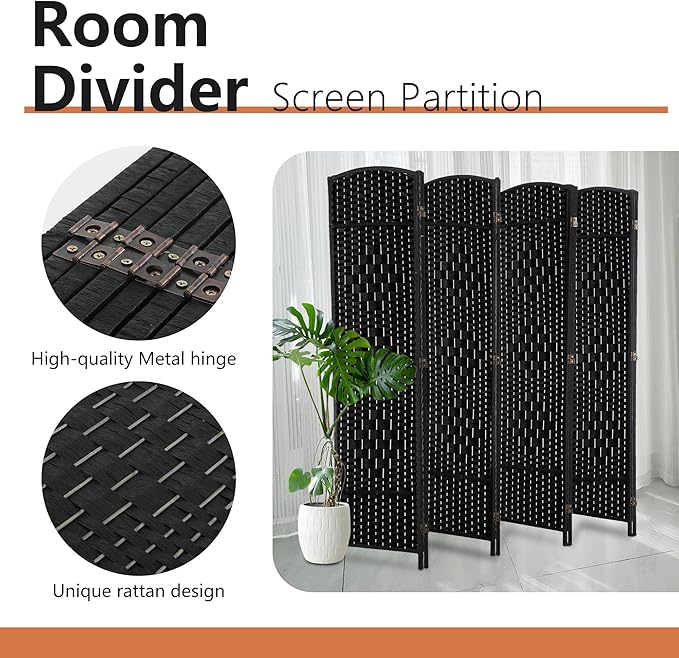 FDW Room Divider 8 Panel Folding Privacy Divider 6 Ft Indoor Wall Divider Portable Partition Wood Screen, Coal Black