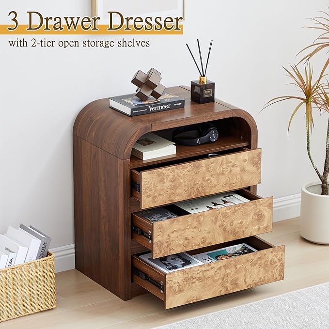 3 Drawer Dresser for Bedroom, Modern Chest of Drawers with Open Shelf, Burl Wood Tall Nightstand End Table for Living Room, Hallway (Walnut)
