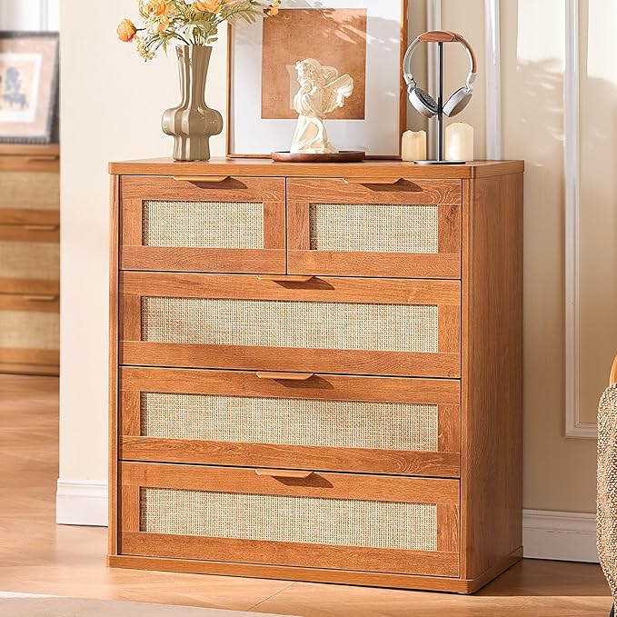 LEYAOYAO Rattan Dresser for Bedroom Set of 2, 33.5" Tall Chest of Drawers, Modern 5 Drawers Boho Dressers with Storage, Vintage Brown Dresser Wooden Closet Organizer for Living Room, Hallway