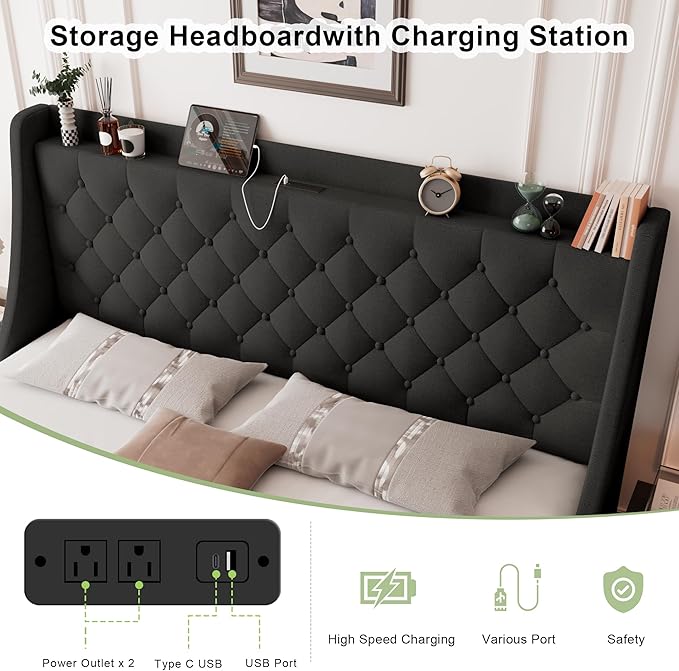 Feonase Upholstered King Size Bed Frame with 4 Storage Drawers, Large Wingback Headboard, No Box Spring Needed, Black
