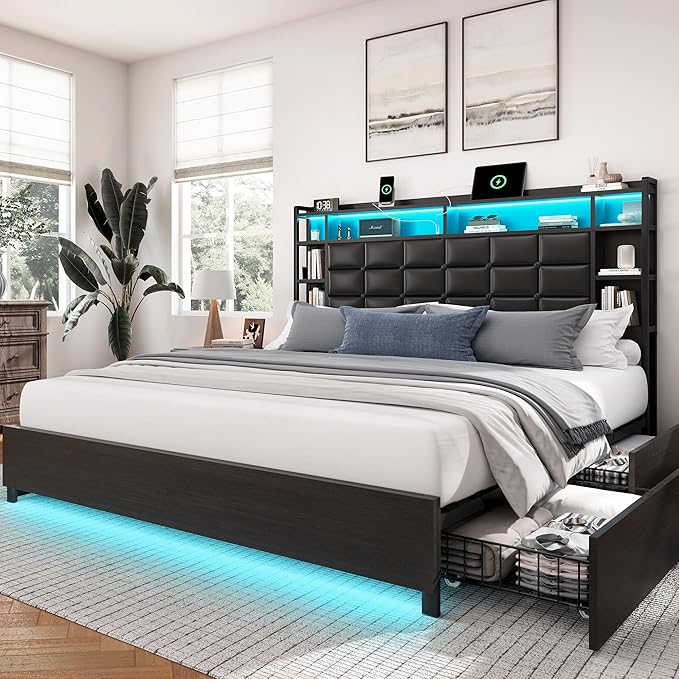 LARMACE Queen Size Bed Frame with 4 Storage Drawers and Bookcase Headboard, Faux Leather Upholstered, Wooden Platform Bed Frame with Charging Station and LED Lights, No Box Spring Needed, Black