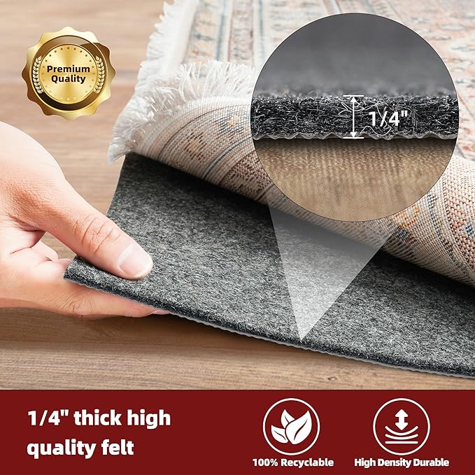 BAGAIL Felt and Natural Rubber Backing Rug Pads 1/4” Thick, 2 x 8 Ft Non Slip Carpet Gripper Keep Rugs in Place, Under Area Rug Protective Cushioned Pads, Carpet Runners, Hardwood Floors Protection