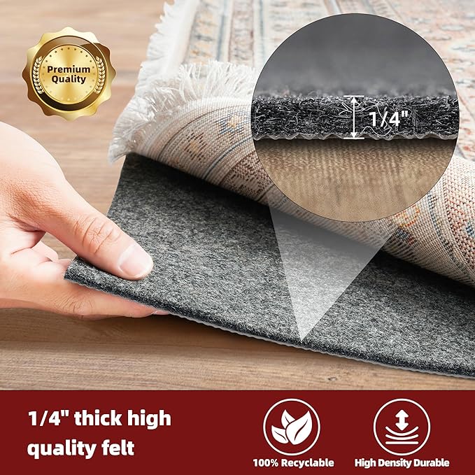 BAGAIL Felt and Natural Rubber Backing Rug Pads 1/4” Thick, 3 x 5 Ft Non Slip Carpet Gripper Keep Rugs in Place, Under Area Rug Protective Cushioned Pads, Carpet Runners, Hardwood Floors Protection