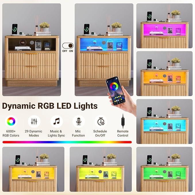 ELYKEN Wood Fluted Nightstand Set of 2, 24" Wide Night Stand with Charging Station & LED Lights, 2 Pack Bedside Table with 2 Drawers and USB & Type-C Port for Bedroom
