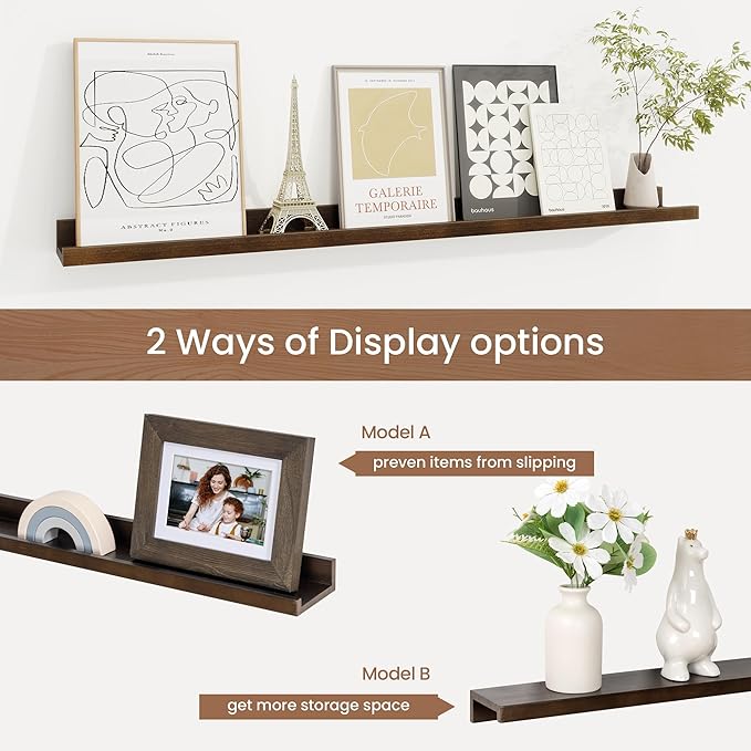 Picture Ledge Shelf, Floating Shelves Set of 2, 36 Inches Solid Wood Nursery Book Shelves for Toys Storage, Kids Bookshelf Wall Mounted for Living Room Bedroom Decor Books Photo Frames, Walnut