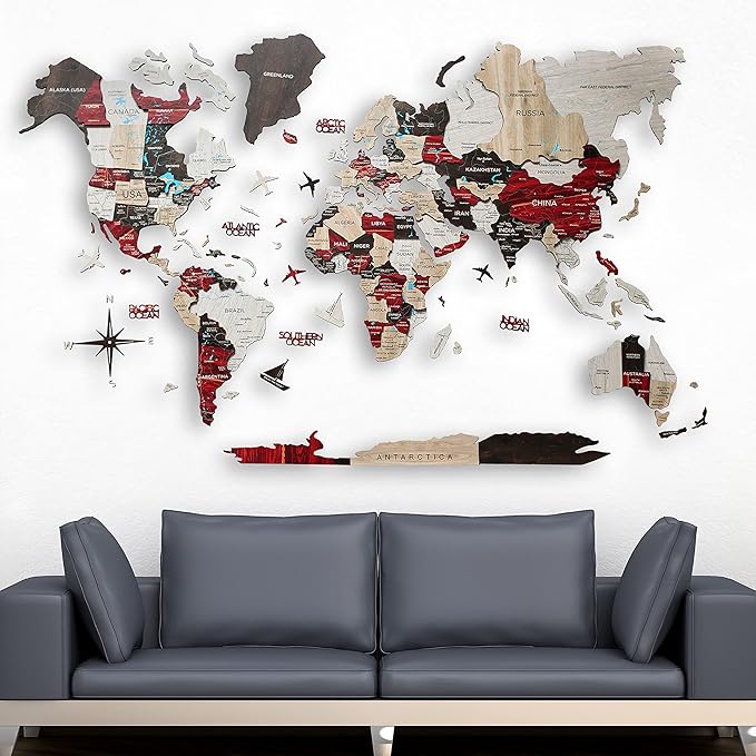 Handmade 3D Wood World Map Wall Art Large Wall Decor Track Your World Travels - Special for Home, Kitchen and Office (Large, Urban)