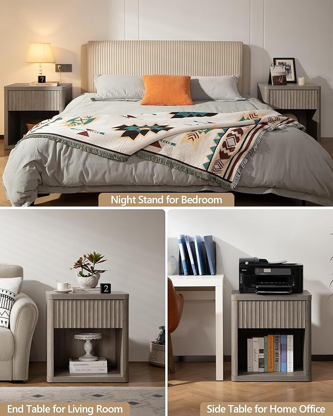 SICOTAS Night Stand Set of 2 Nightstands with Drawer Storage Fluted Bed Side Table End Table Large Modern Wide Bedside Stand Mid Century Night Stands for Bedroom Living Room Sofa Office, Grey Alder