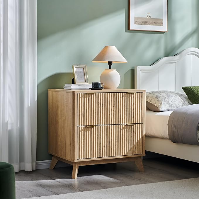 T4TREAM Fluted Night Stand Set 2, 30" Tall Bedside Table with 2 Drawers & Large Tabletop, Modern Wood Side Tables Bedroom, End Table for Living Room, Natural Oak