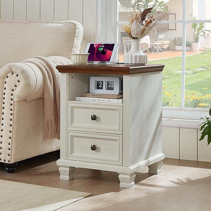 SAVOR LIFE Farmhouse Nightstand Set of 2 with Charging Station, Antique Nightstands with Drawers, Bedside Table with Open Shelf for Bedroom, White
