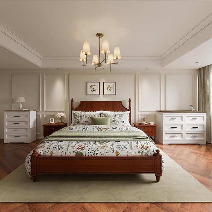 GEPELCN Farmhouse Dresser for Bedroom 6 Drawers Dresser with Power Outlets Rustic Chest of Drawers with Natural Texture White Organizer for Living Room Hallway