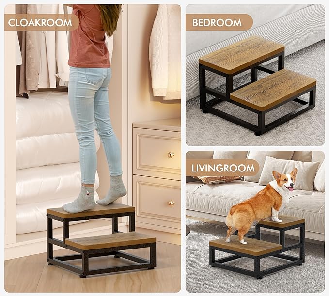 Two Step Stool for Adults Kids, Bed Step Foot Stool with Adjustable Non-Slip Feet, Portable Sturdy Metal Frame Stepping for Kitchen Bathroom Bedroom Living Room, Indoor or Outdoor Use, Rustic Brown