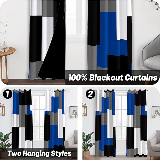Royal Blue 100% Blackout Curtains for Bedroom 108 inch Extra Long 2 Panels Set Navy Blue Grey Modern Abstract Geometric Black Out Curtains Room Darkening Window Drapes for Living Room, 52Wx108L