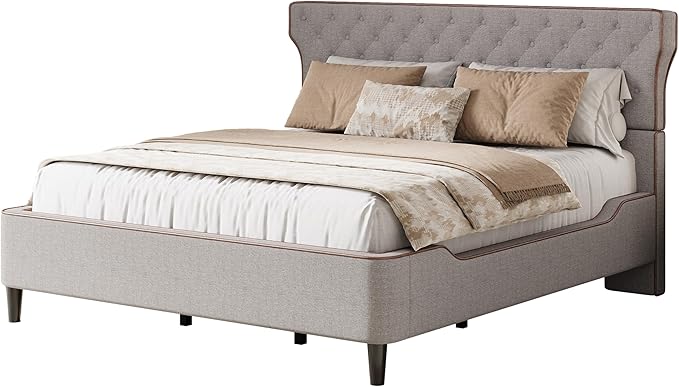 Christopher Knight Home Salus Linen Upholstered Queen Size Bed Frame with Headboard, Modern Queen Bed Frame and Headboard, Wooden Slats Support, Easy Assembly, No Box Spring Needed, Grey
