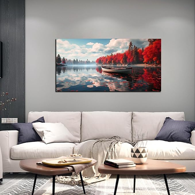 Large Wall Art for Living Room Bedroom Office Red Forest Wall Art Lake Landscape Pictures Modern Artwork Framed Canvas Prints 20x40 Inch