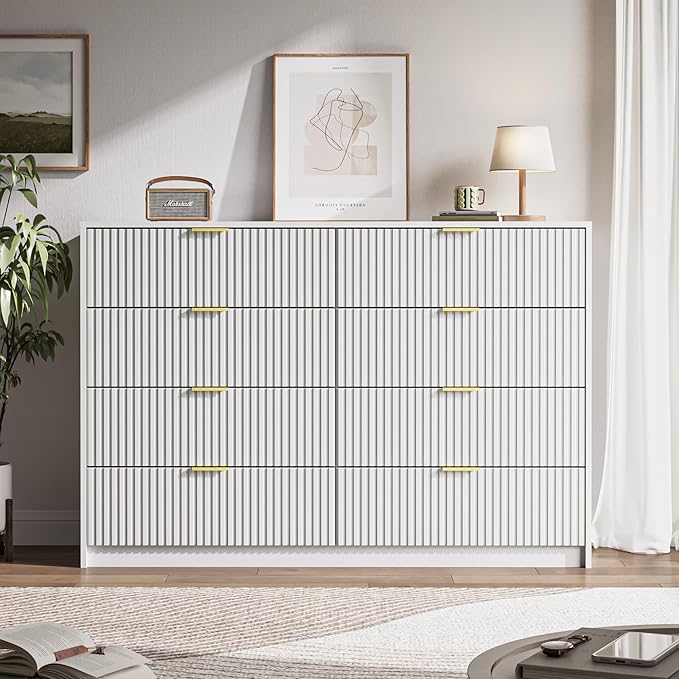 White Dresser for Bedroom, 8 Drawer Double Dresser, Modern Chest of Drawers for Bedroom, Living Room, Entryway and Closet, 55" L x 15.7" D x 37.4" H