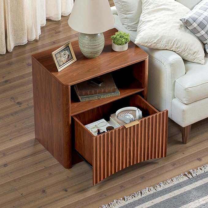 Evermagin Fluted Nightstand Set of 2, Walnut Bedside Table with Drawer and Storage, Wood End Table Mid Century Modern, Large Night Stand for Bedroom