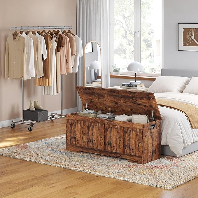 DINZI LVJ Storage Chest, 50” Extra Large Storage Bench with 2 Safety Hinges, Wooden Toy Box with Flip-Top, Large Trunk for Living Room, Playroom, Easy Assembly, Rustic Brown