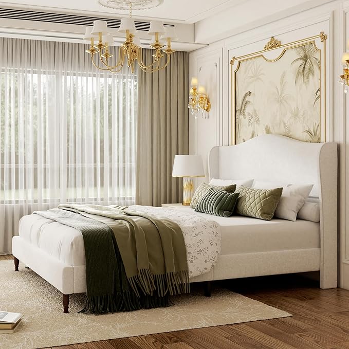 Queen Size Upholstered Platform Bed Frame, 51" Tall Chenille Fabric Headboard with Classic Curved Wingback Design, Vintage Solid Wood Legs, Easy Assembly & Noise-Free, Box Spring Option, Beige