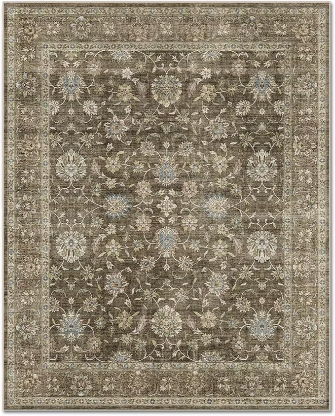 Washable 6x9 Area Rugs for Living Room, Boho Non-Slip Vintage Distress Large Rugs for Bedroom Dining Room Nursery Office, 0.3" Neutral Oriental Throw Thin Carpet, Tan/Flaxen/Multi