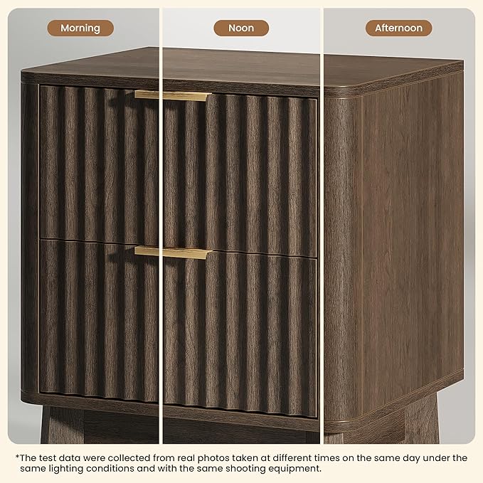 Fluted Nightstand,Modern End Table with Metal Handle,2 Storage Drawers Side Table,Bedside Table for Bedroom,Wood Nightstands,Curved Profile Design Furnitue,Walnut