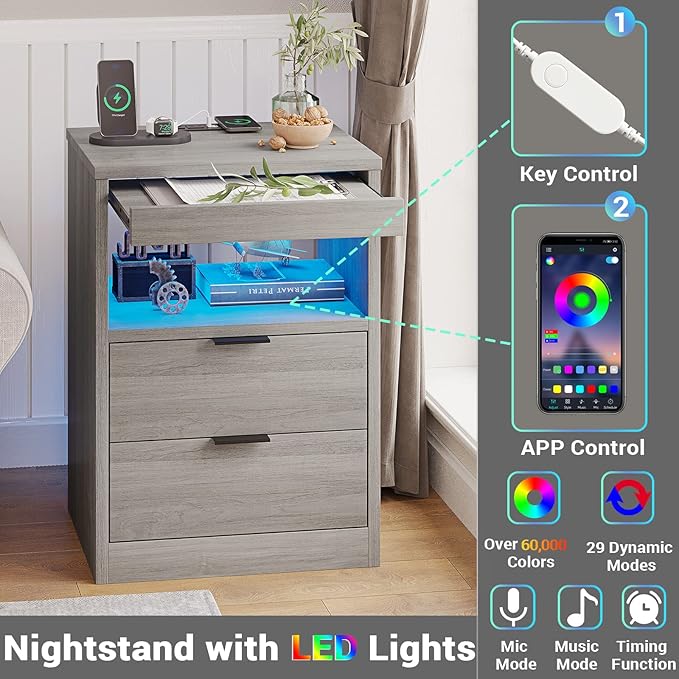 Tiptiper LED Nightstand Set of 2, Gray Nightstand with Wireless Charging Station, Night Stand with Drawers & Pull-Out Shelf, Modern Bedside Table with Storage, End Side Table