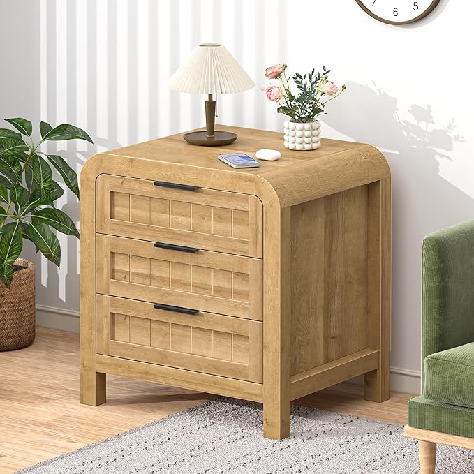 IKENO Wood Nightstand with 3 Storage Drawer, 21" Wide Night Stand with Curved Profile Design, Bedside End Table for Bedroom, Living Room, Closet (1, Natural Oak, 3 Drawer)