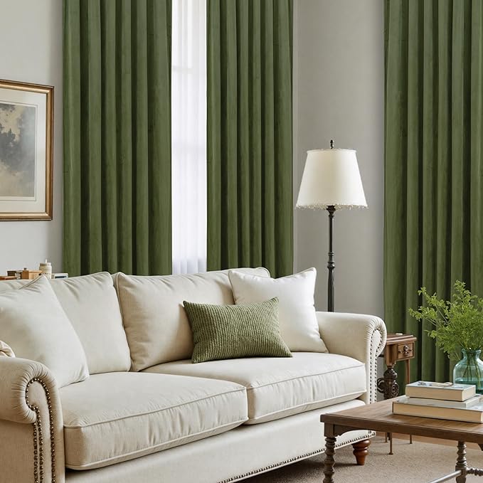 LAMIT Sage Green Velvet Curtains 120 Inch for Living Room, Vintage Thermal Room Darkening Panels Back Tab and Rod Pocket Noise Reducing Drapes for Bedroom/Farmhouse, 2 Panels, 52 x 120 Inch