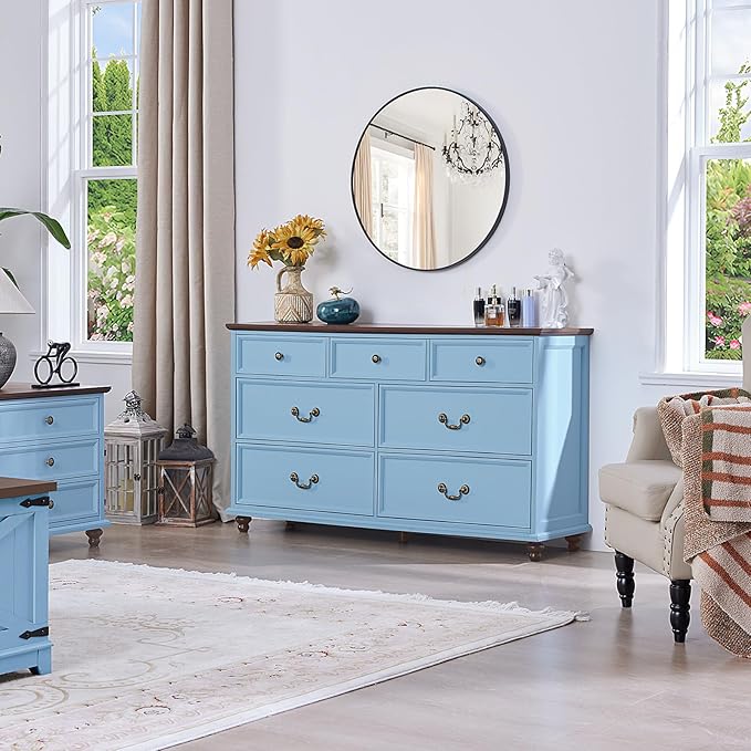 24" Wide Farmhouse Nightstand with Charging Station Set of 2, 54" 7 Drawers Dresser, 45" Tall Rustic Chests of 5 Drawers, Farmhouse Furniture Series for Bedroom,LightBlue
