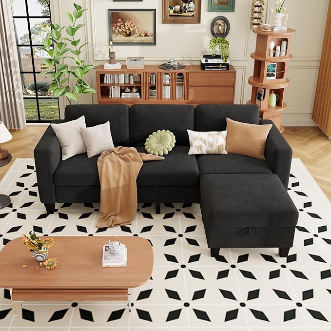 ZeeFu Sectional and Sofa Couches for Living Room - 78'' 3 Seater L-Shaped Modular Couch with Storage Ottoman - Modern Velevt Fabric Upholstered Sofa Set for Small Space Apartment Office