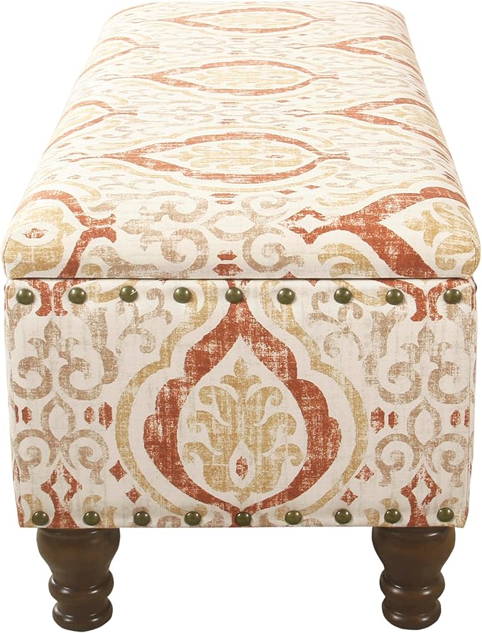 HomePop Large Storage Bench with Nailhead Trim -Orange and Cream Medallion