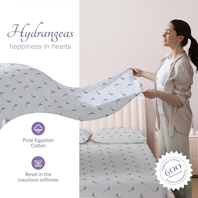 Carressa Linen Luxury Egyptian Cotton Queen Printed Sheet Set - 600 Thread Count Extra Long Staple 4 PC Set, Dolphin Dance Queen Printed Sheets, Soft, Cooling Sheets Upto 18 in Deep Pocket