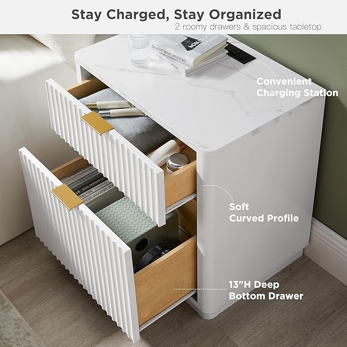 T4TREAM 23'' Fluted Nightstand with Charging Station, Large 2 Drawer Bedside Table, Modern End Table with Storage, Mid Century Night Stand for Bedroom, Living Room, Curved Profile, Solid White