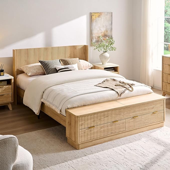 T4TREAM Fluted Queen Size Bed Frame with Wingback Headboard, Footboard Storage Bench with Built-in Drawers & Lift-Up Compartments, Wood & Steel Platform Bed, No Box Spring Needed, Natural Oak