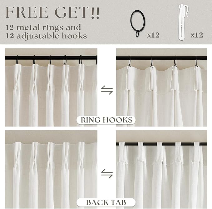 Extra Wide Pinch Pleat Linen Curtains 108 Inches Long for Living Room Sliding Glass Door 70 Inch Wide Semi Sheer Curtain Cream Ivory Boho Pleated Drape Hooks Rings 70x108 Large Window Curtain 1 Panel