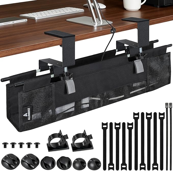 Under Desk Cable Organizer with Mesh Slot for Ventilation, Quick Mount with Clamp or Screws to Hold Fabric Cable Tray, Kit for Tidy Cord & Wire Management for Home Office Standing Desk