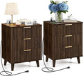 Night Stand with Drawer Storage Fluted Bed Side Table End Table Large Modern Wide Bedside Stand Mid Century Night Stands for Bedroom Living Room Sofa Office (2, Walnut)