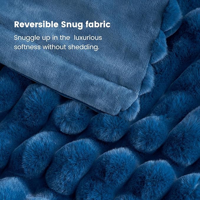 Cozy Bliss Faux Fur Throw Blanket for Couch, Cozy Warm Plush Striped Blanket for Sofa Bedroom Living Room, 60 * 80 Inches Navy Blue