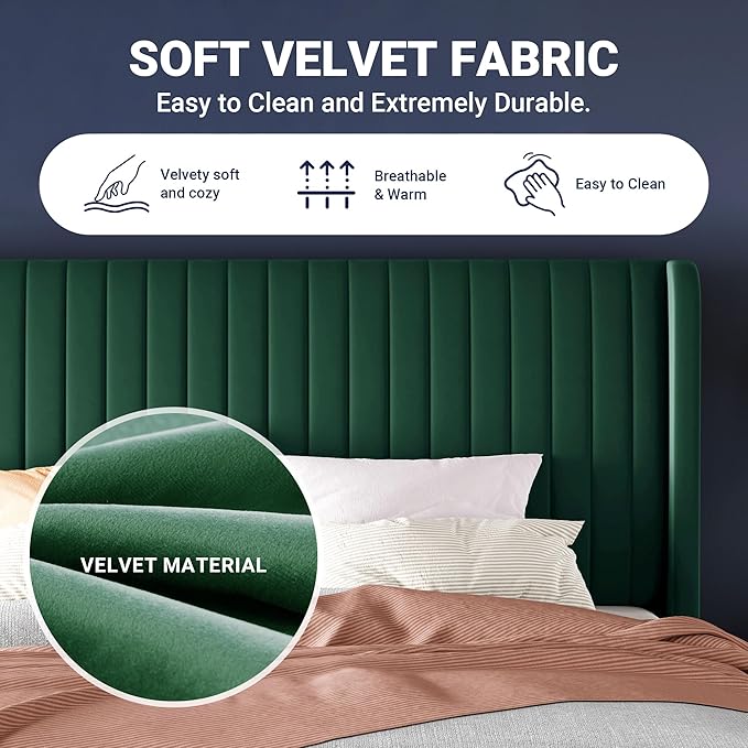Allewie Full Size Bed Frame/Velvet Upholstered Platform Bed/Vertical Channel Tufted Wingback Headboard/Strong Wooden Slats/No Box Spring Needed/Easy Assembly/Green