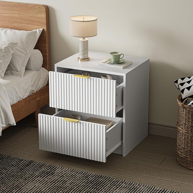 Set of 2 Fluted Nightstand with 2 Drawers, Modern Storage Bedside Table with Golden Metal Handles, Wooden End Table for Bedroom, White