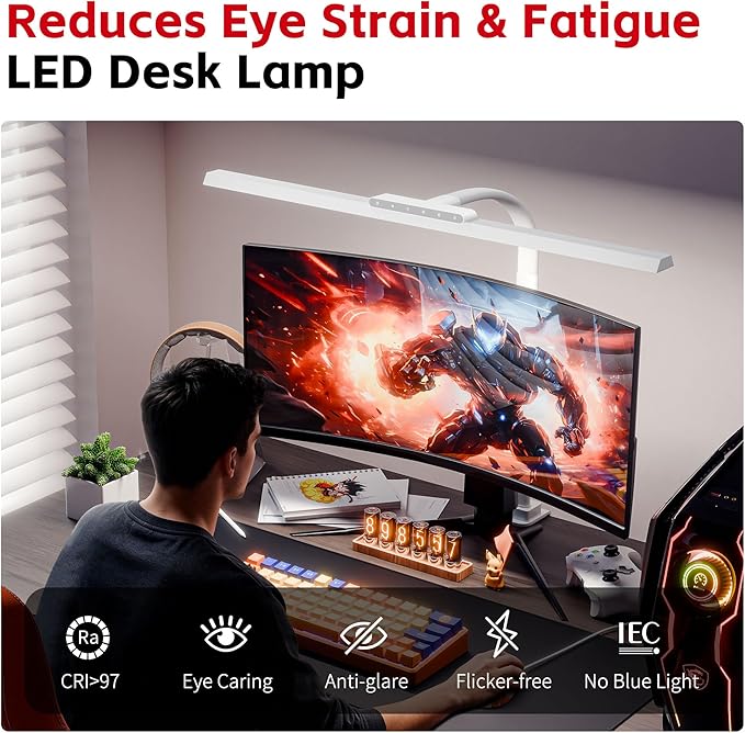 Desk Lamp with Clamp, LED Eye-Caring Clip on Desk Lights for Home Office, Tall Touch Control Dimmable Computer Light with Color Changing, 24W Brightest Architect Desktop Lamp for Screen, White