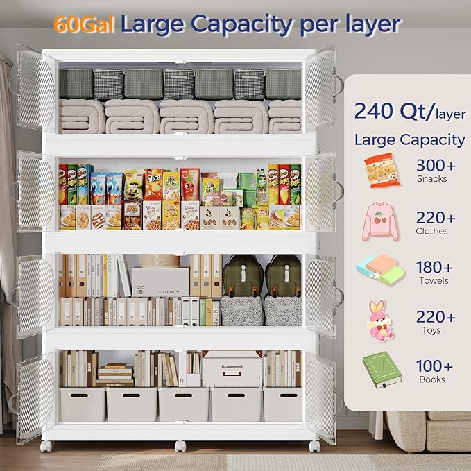 720QT Plastic Stackable Storage Bins with Lid, 180GAL Extra Large Collapsible Box with Wheels Clear Door, Foldable Closet Organizer Container Cabinet Drawer for Home Kitchen，3Pack, White