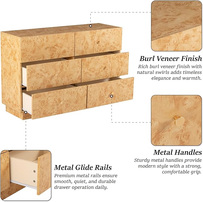 Modern 6 Drawer Dresser with Burl Finish, Wide Wood Chest of Drawers Clothes Organizer, Stylish Large Storage Cabinet for Bedroom or Entryway