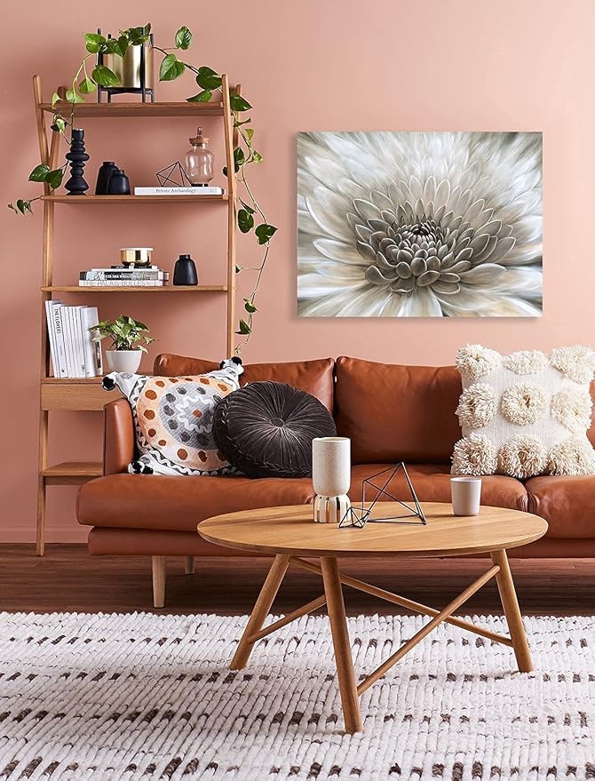 Floral Wall Art in Neutral Color Modern Farmhouse Canvas Decor White Chrysanthemum Flower Picture Hanging Framed Artwork for Office Bedroom Living Room
