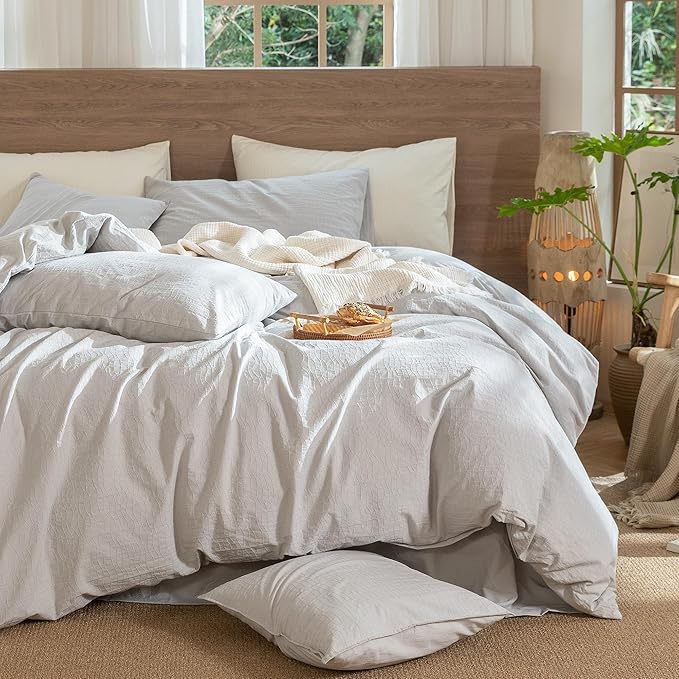 MooMee Wavy Striped Duvet Cover Set 100% Washed Cotton Linen Like Textured Breathable Durable Soft Comfy (Light Grey, Super King 108"x98")
